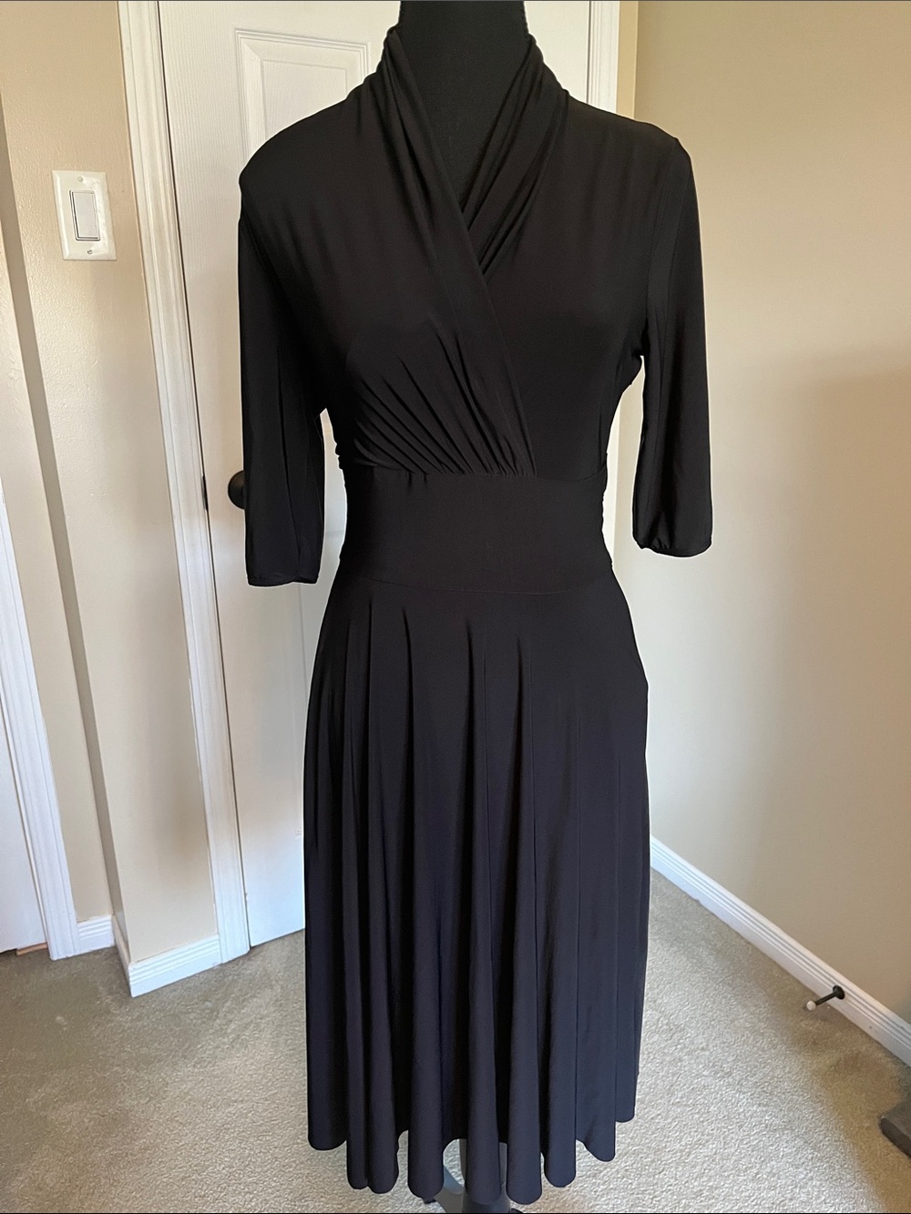 Women's Black Midi Wrap Dress with Pleated Waist